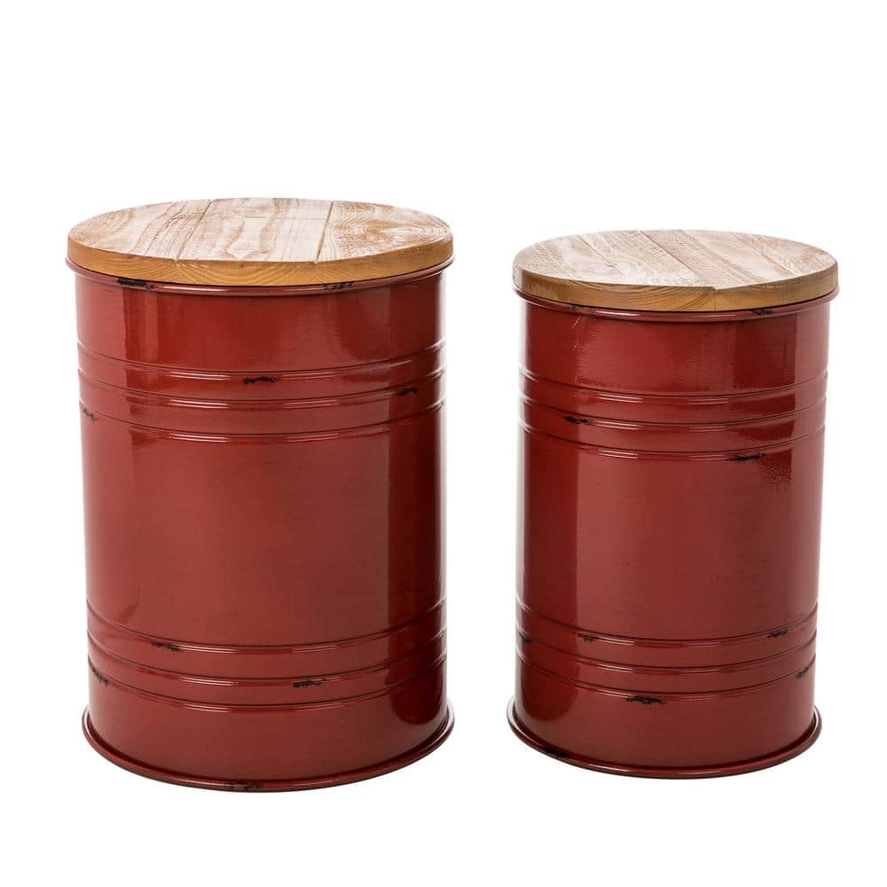 Rustic Red Iron & Pine Wood Storage Accent Table/Stool Set