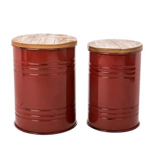 14.5 in. W Red Round Wood Storage End Table or Accent Table or Stool with Solid Wood Lid (2-Pack)