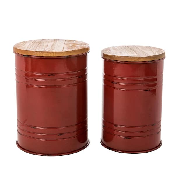 Glitzhome 14.5 in. W Red Round Wood Storage End Table or Accent Table or Stool with Solid Wood Lid (2-Pack)