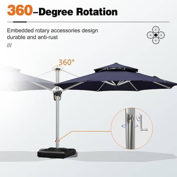 13 ft. Octagon High-Quality Aluminum 360 Rotation Cantilever Polyester Outdoor Patio Umbrella with Base, Navy Blue