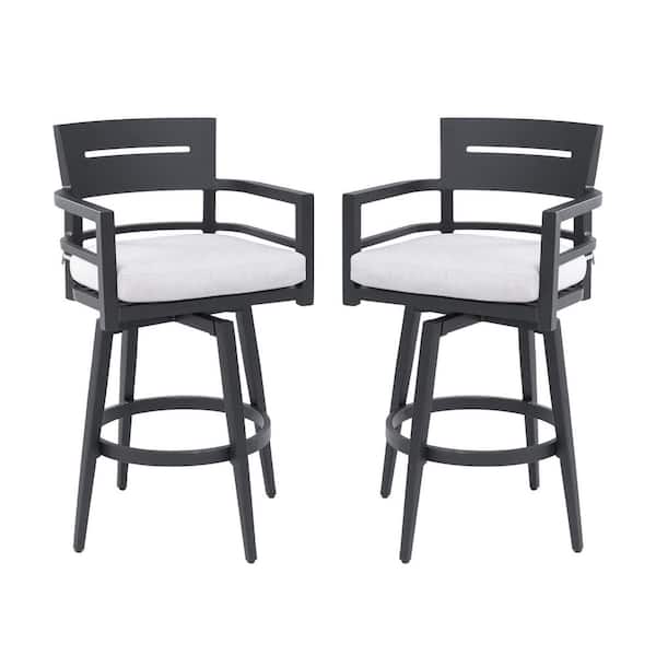 Swivel Aluminum Outdoor Bar Stools with Silver Sunbrella Cushion, Ergonomic Backrest, Tapered Legs, Footrest (2-Pack)