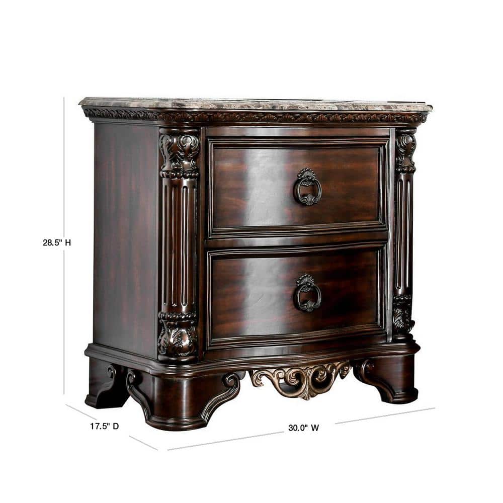 Menodora Transitional Espresso 2-Drawer Nightstand with Gold Accents
