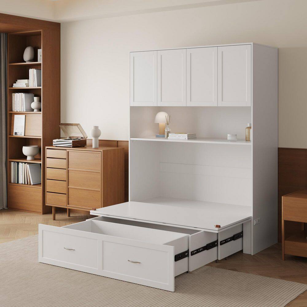 White Wood Frame Full Size Murphy Bed, Panel Bed with 3-Large Storage Shelves, Bed and Bookcase 2 in 1 - thumbnail 5
