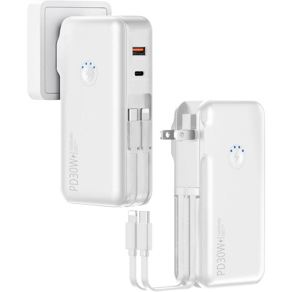 Etokfoks Portable Charger PowerBank 16000mAh Builtin AC Wall Plug and Cables in White