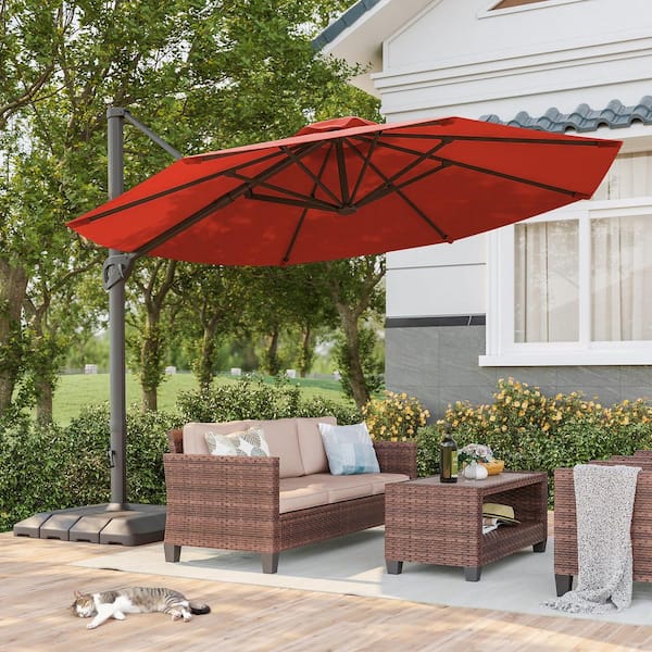 11 ft. Aluminum Cantilever Patio Offset Umbrella Outdoor with a Base in Rust Red
