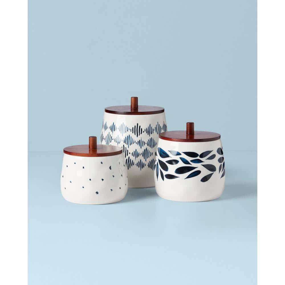 Blue and White Porcelain Canister Set with Wooden Lids