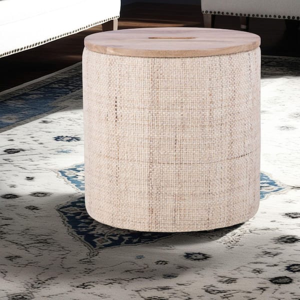 Carolina Chair & Table Handwoven Nereus Tan Check Wool 16 in. Storage Ottoman with Wood Top