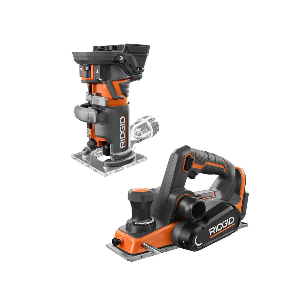 RIDGID 18V Brushless Cordless 2-Tool Combo Kit w/ 3-1/4 in. Hand Planer w/ Dust Bag and Compact Fixed Base Router (Tools Only) -  R8481B-R860443B