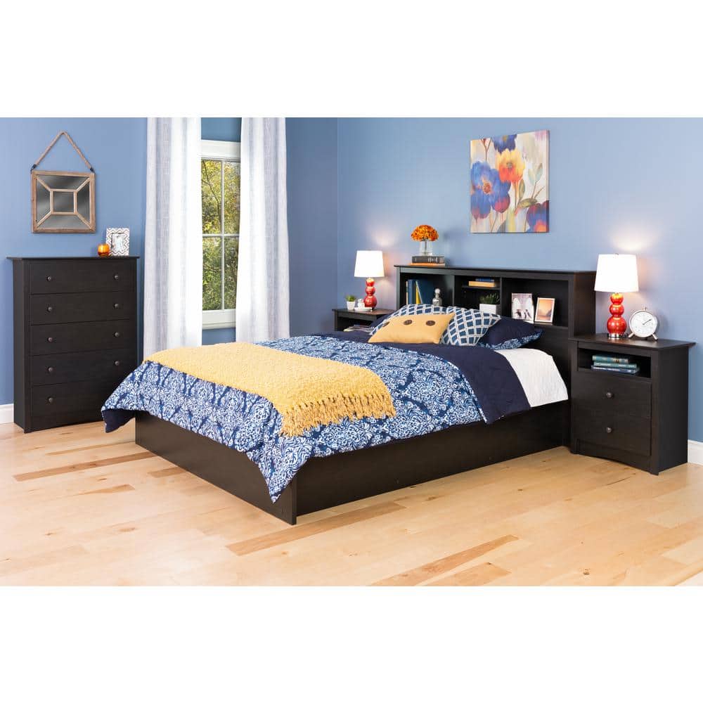 Washed Black 2-Drawer Nightstand with Open Shelf