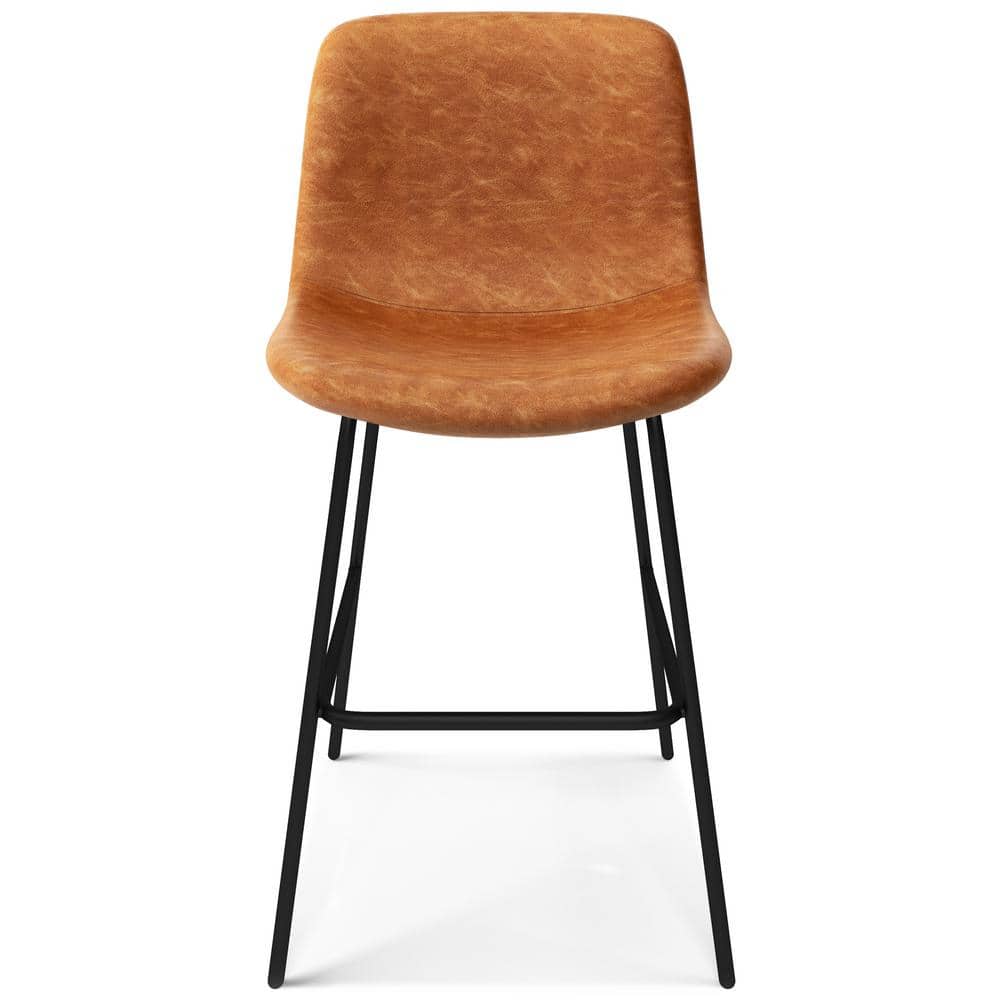 Contemporary Camel Brown Faux Leather Counter Stool with Black Metal Base