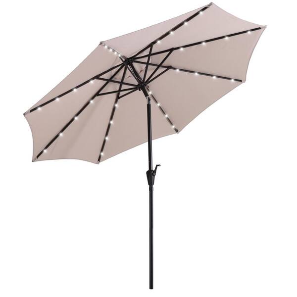 Kadehome 9 ft. Steel Pole Outdoor Market Push Button Tilt and Crank Patio Umbrella with 32 LED Solar Lights in Taupe