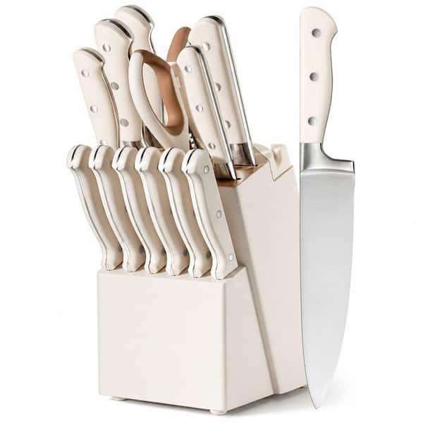 14-Piece High Carbon Stainless Steel Kitchen Knife Set with Block and Sharpener, White Ergonomic Handles