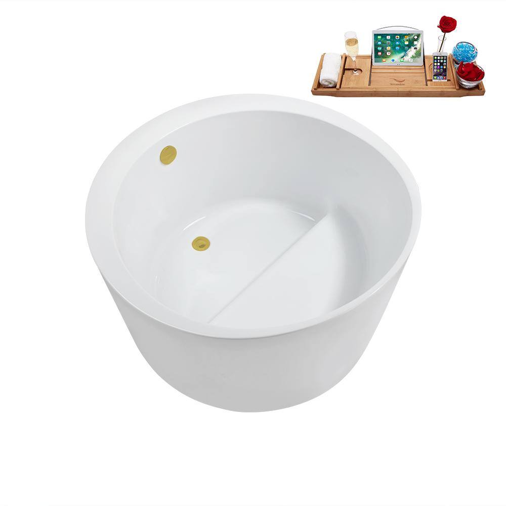 43'' Glossy White Acrylic Freestanding Soaking Bathtub with Brushed Gold Drain