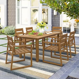 Forbes 7-Piece Mimeo Brown Recycled Plastic HIPS Outdoor Rectangular Dining Set With Slatted Table Top and Armchairs