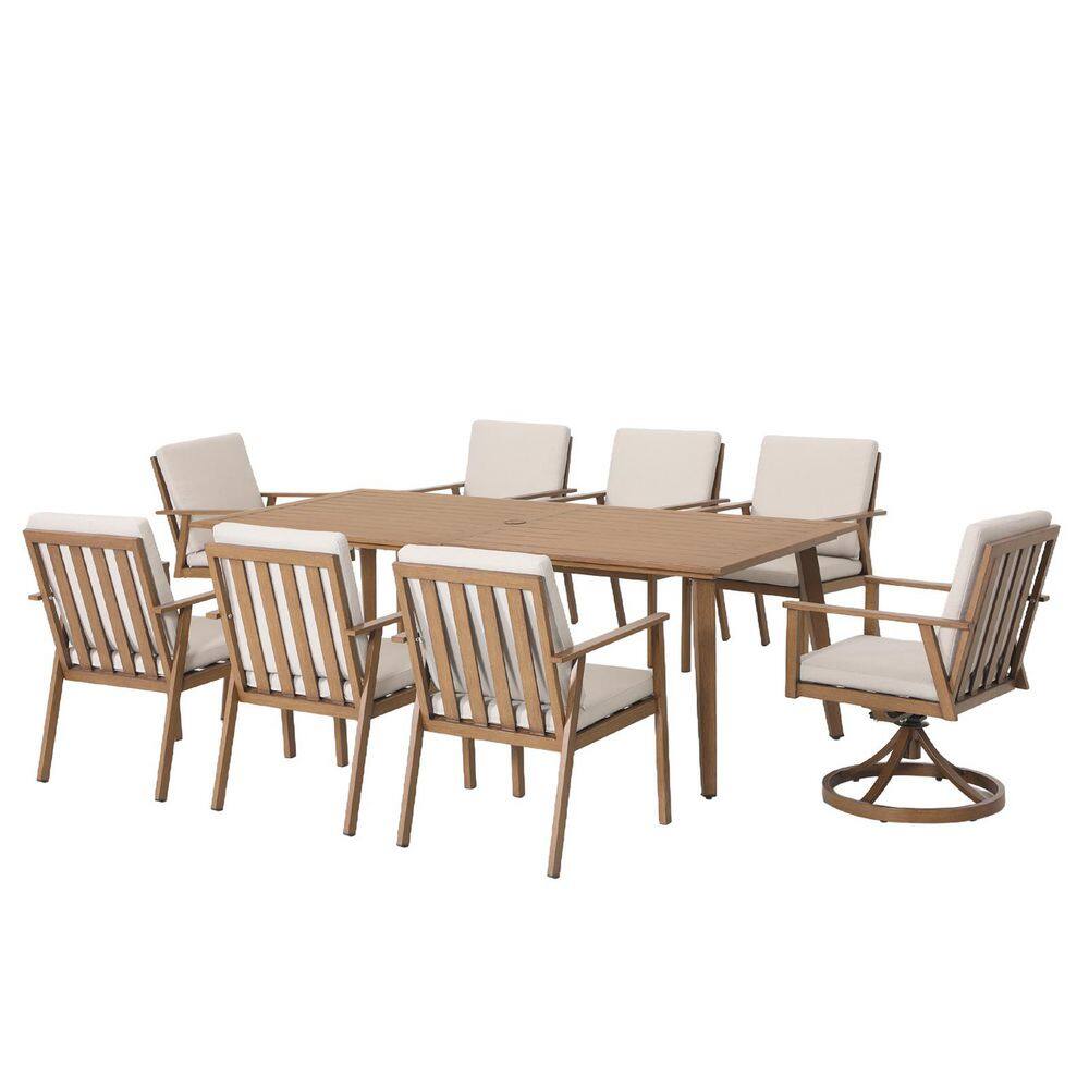 Alulux Light Brown Wood 9-Piece Aluminum Outdoor Dining Set with Rectangular Table and White Cushions price history on PriceWatchPro
