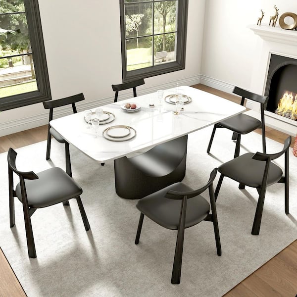 Black Microfiber Leather Dining Chair (Set of 6), Upholstered Side Chairs with Metal Legs for Dining Room