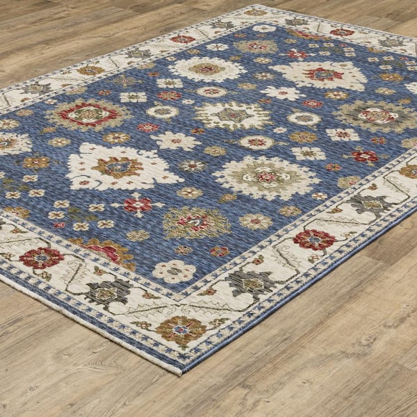 Hunter Blue/Ivory 5 ft. x 8 ft. Traditional Floral Oriental Polyester Fringe-Edge Indoor Area Rug