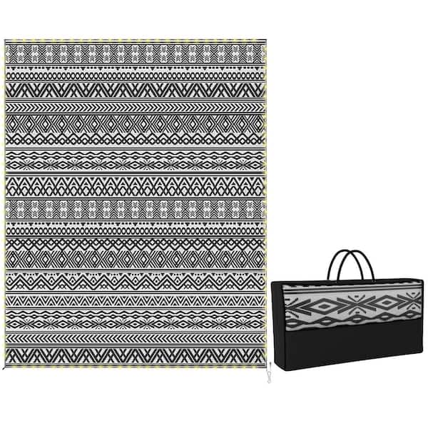 Black and White 10 ft. x 8 ft. Bohemian Reversible Polypropylene Outdoor Area Rug