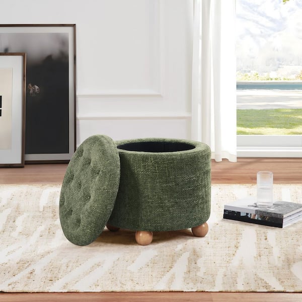 Naomi Storage Ottoman in Green Fabric with Natural Round Wood Feet