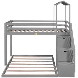 Gray Twin Over Full House Roof Bunk Bed with Staircase and Shelves