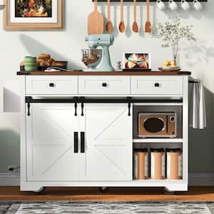 Rolling White Drop Leaf Wood Top 54 in. Kitchen Island Cart with Power Outlet, 2 Sliding Barn Door, Hidden Wheels