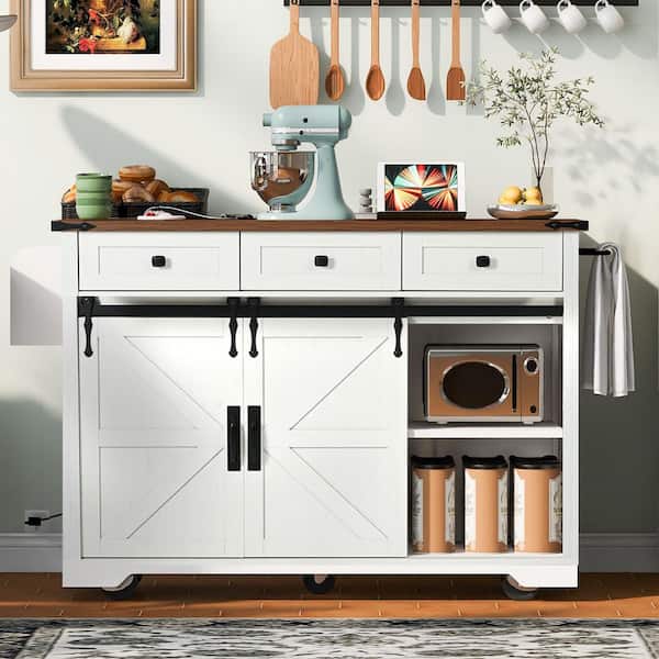 Rolling White Drop Leaf Wood Top 54 in. Kitchen Island Cart with Power Outlet, 2 Sliding Barn Door, Hidden Wheels