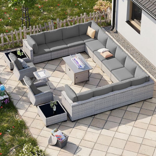 18-Piece Wicker Patio Conversation Set with Fire Pit Table and Top Table. Swivel Rocking Chairs with Gray Cushions