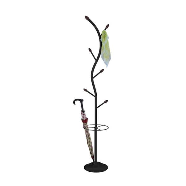 SignatureHome Black Finish Material Metal / Wood Coat Rack With 6-Hook Umbrella Stand Included Size:12" W x 12"L x 72