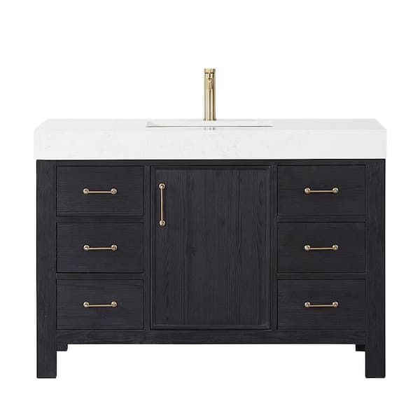 Leon 48 in. W x 22 in. D x 34 in. H Single Freestanding Bath Vanity in Fir Wood Black with White Composite Stone Top