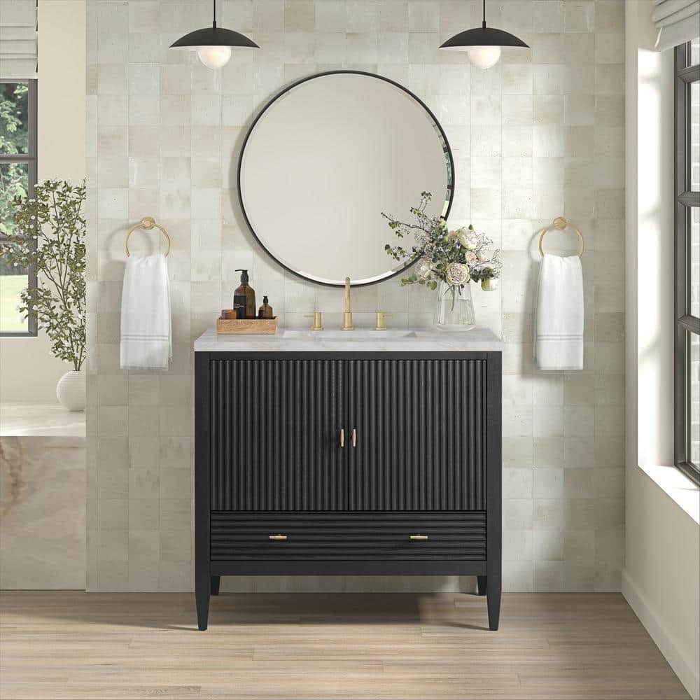 36" Black Plywood Freestanding Single Vanity with Brass Accents
