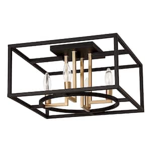 Mundazo 15.94 in. W x 8.46 in. H 4-Light Black and Brushed Gold Semi-Flush Mount with Geometric Open Metal Frame