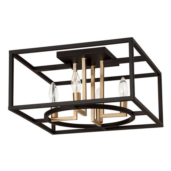 Eglo Mundazo 15.94 in. W x 8.46 in. H 4-Light Black and Brushed Gold Semi-Flush Mount with Geometric Open Metal Frame