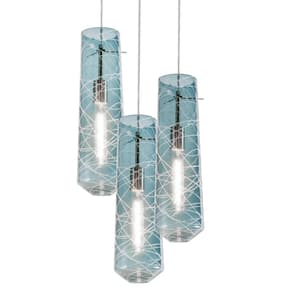 Spun 3-light Satin Nickel Round Multi Pendant Light with Glass Steel Blue