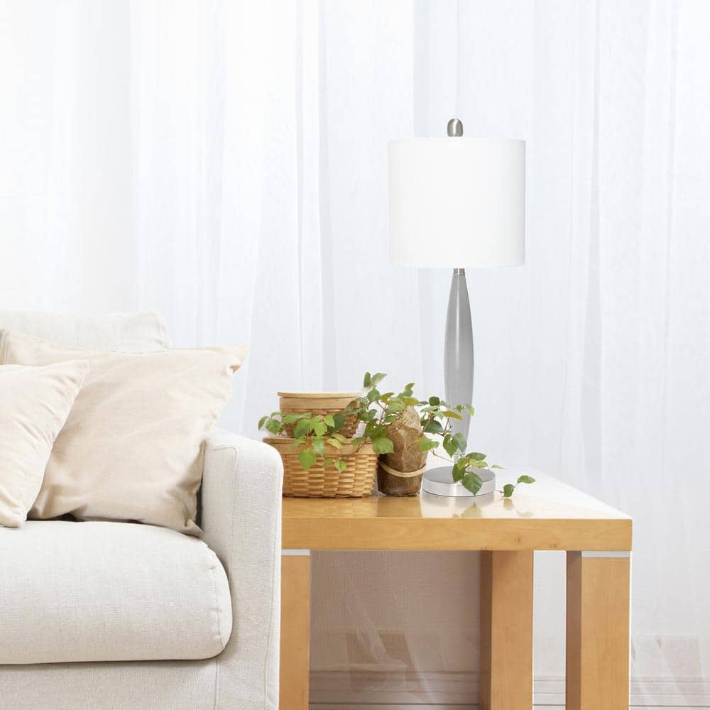 Gray and Brushed Nickel Adjustable Stick Table Lamp with White Fabric Shade