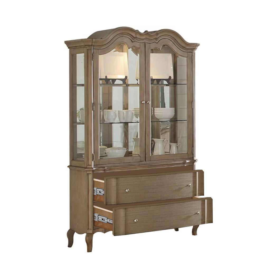 Antique Taupe Lighted China Cabinet with Glass Doors and Shelves