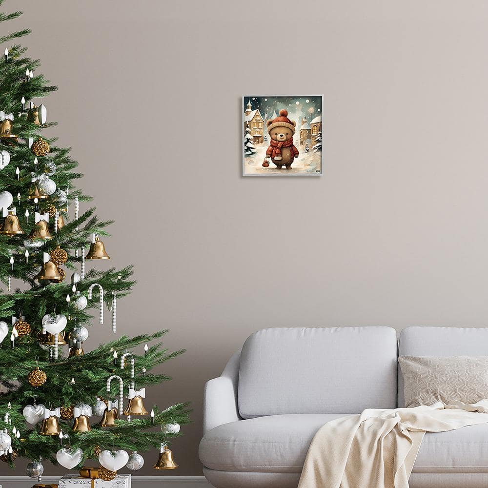 Gray Framed Bear in Snowy Winter Village Art Print