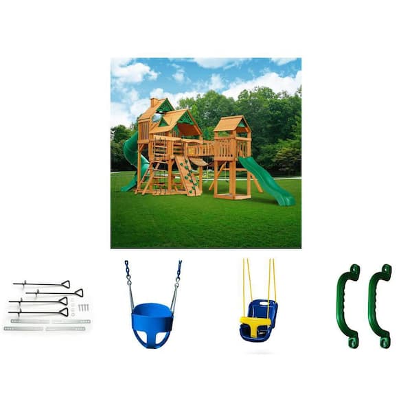 Treehouse Wood Playground Set Slides, Sandbox, Swing Set, Blue Full-Bucket Infant Swing, Handles (2-Set)