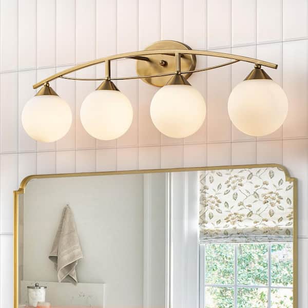 LLHZSY Lucie 33.46 in. 4-Light Brass Bathroom Vanity Light with Opal Glass Shades