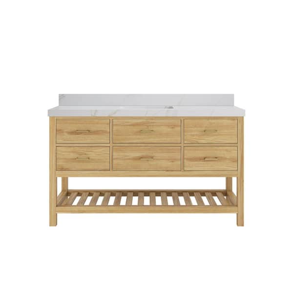 Willow Collections Parker Teak 60 in. Single Sink Freestanding Light Natural Bath Vanity with Calacatta Sienna Quartz Top Unassembled