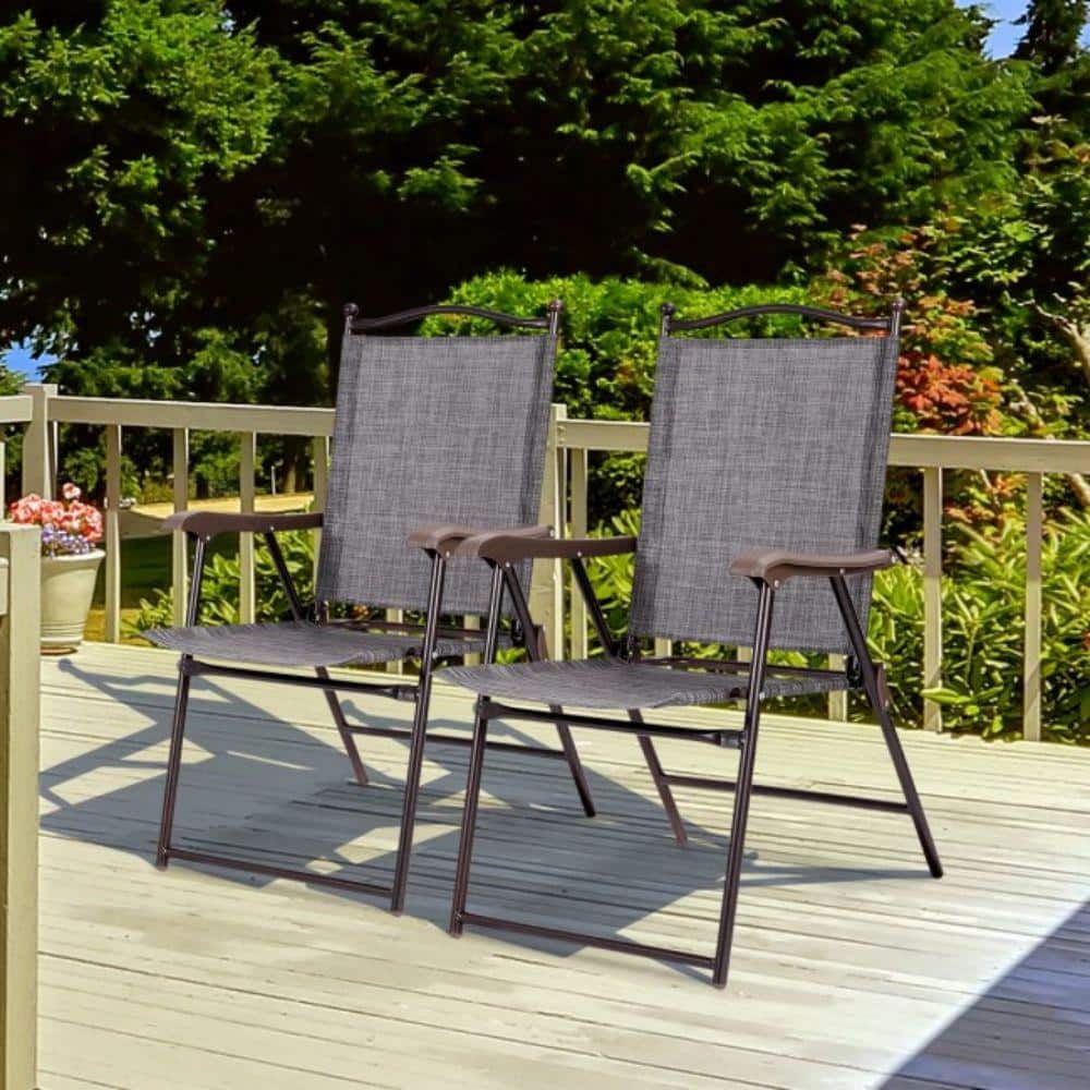 Gray Steel Frame Folding Camping Chairs with Arms, Set of 2