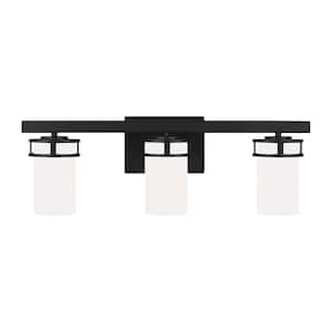 Robie 24 in. 3-Light Matte Black Transitional Rustic Wall Bathroom Vanity Light with Etched White Glass Shades