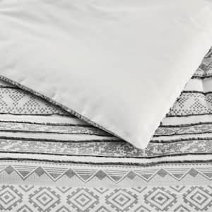 Tara 3-Piece Gray and White Boho Textured Stripe Cotton Full/Queen Comforter Set
