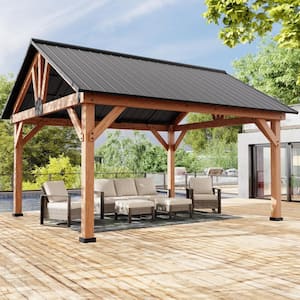 15 ft. x 13 ft. Outdoor Patio Solid Cedar Wood Hardtop Gazebo with Black Galvanized Steel Roof and Ceiling Hook