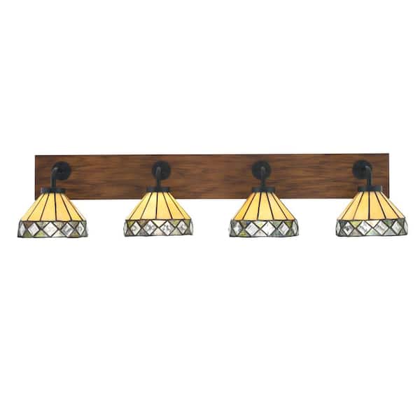 Unbranded Kirby 37.5 in. 4 Light Black & Painted Wood-look Vanity Light with 7 in. Diamond Peak Art Glass Shades No Bulbs Included