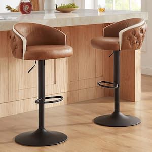 Athean 36.61 in. H Brown Faux Leather Seat Bentwood Low Backrest Metal Frame Swivel Adjustable Bar Stool
