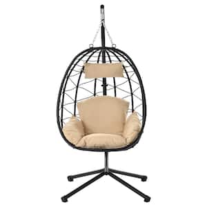 Mordern Design 1-Person Metal Outdoor Patio Swing Egg Chair with Stand, Hand Woven All-Weather Wicker in Beige Cushions