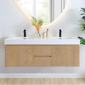 Siena 60 in. W Double Sink Floating Bath Vanity in Light Brown with White Stone Top