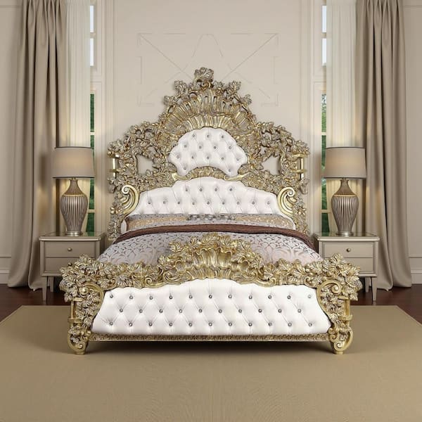 Rexx White and Gold Composite Wood Frame King Platform Bed with Upholstered Headboard