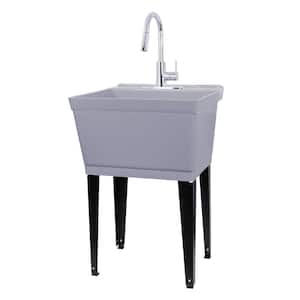 Complete 22.875 in. x 23.5 in. Grey 19 Gal. Utility Sink Set with Metal Hybrid Chrome High Arc Pull-Down Faucet