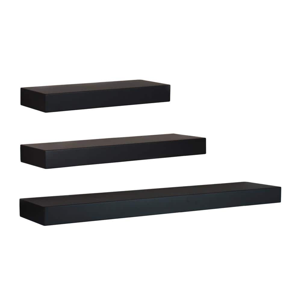 Set of 3 Black MDF Floating Wall Shelves for Living Room